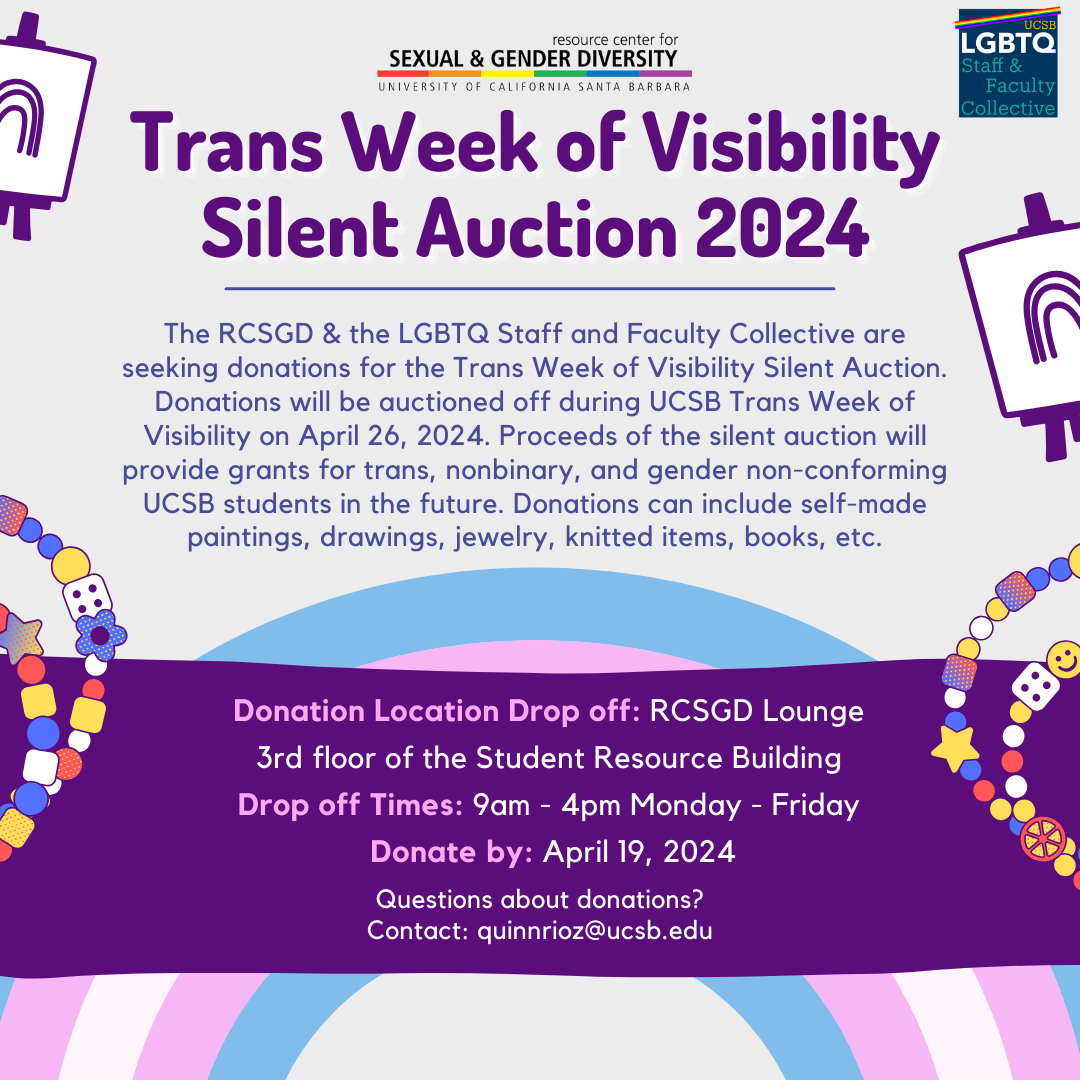 Trans Week of Visibility Silent Auction 2024, accepting donations of self-made art and books until April 19th.