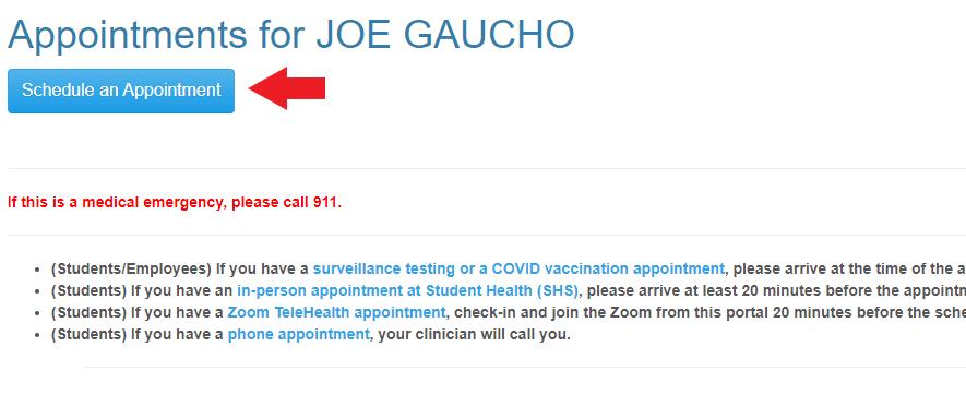 SHS Button - Appointments for Joe Gaucho