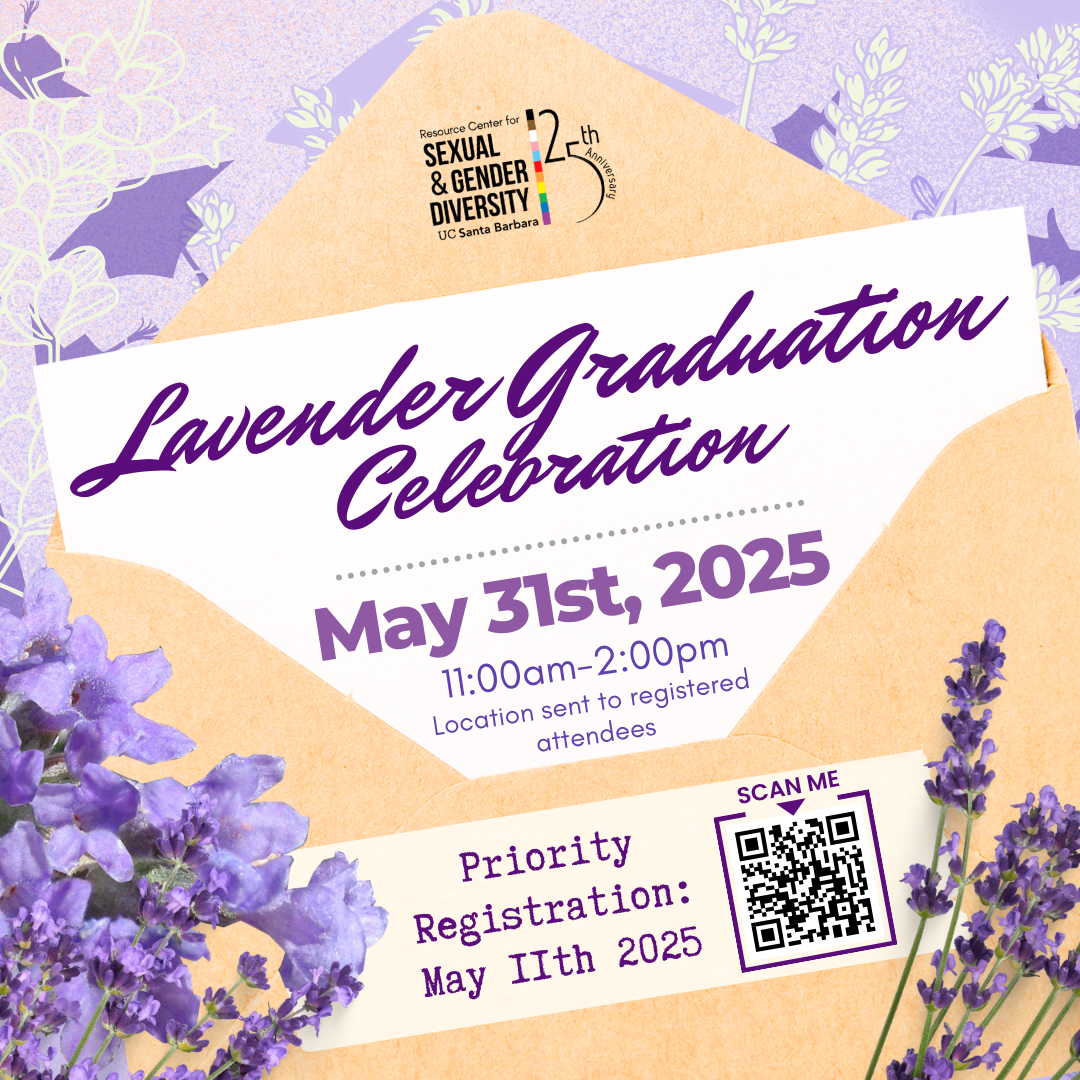Flyer for the Lavender Graduation Celebration Save the Date Announcement. The flyer shows a lavender backdrop with purple graduation hats and an envelope with a letter peeking out showing the title of the flyer and the date of Lavender Graduation.