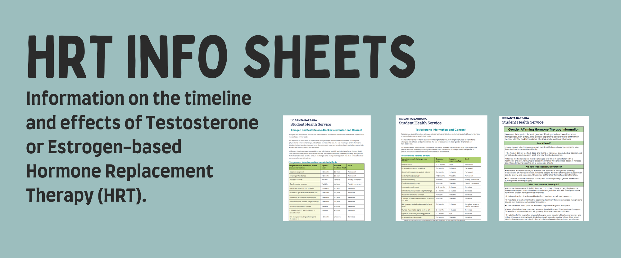 HRT Info Sheets: Information on the timeline and effects of Testosterone or Estrogen-based Hormone Replacement Therapy (HRT).