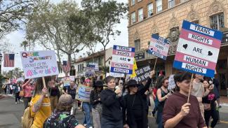 FullSizeRender-4-Kaavya-Saini.jpeg Over 400 people gathered in downtown Santa Barbara on March 1 to protest the Trump Administration’s policies on transgender populations and to support the LGBTQIA+ community. Signage at the unity march that reads, “Trans right are human rights” Kaavya Saini / Daily Nexus
