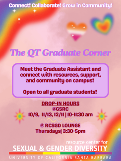 Meet the Graduate Assistant and connect with resources, support, and community on campus! Open to all graduate students! Thursdays 3:30-5pm in the RCSGD Lounge!